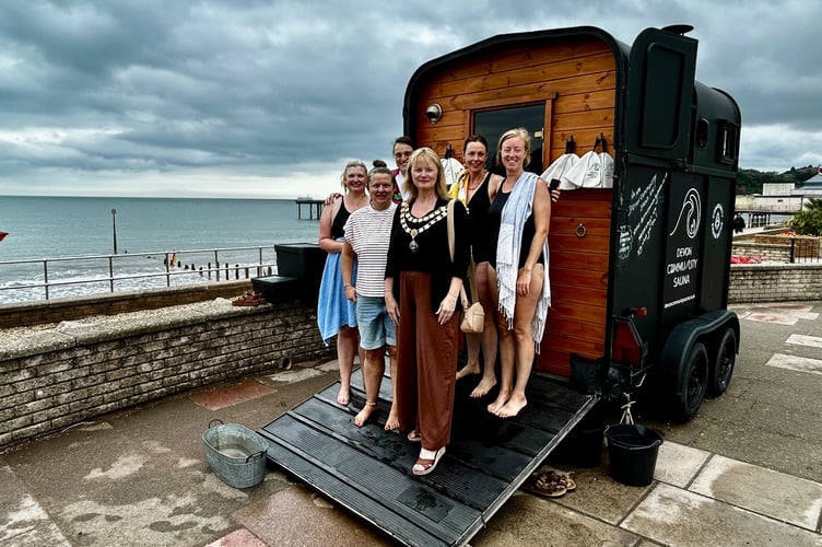 Mayor of Teignmouth Cllr Williams with Sara Dance and some of the sauna-goers on Wellbeing Wednesday. Photo Nigel Canham
