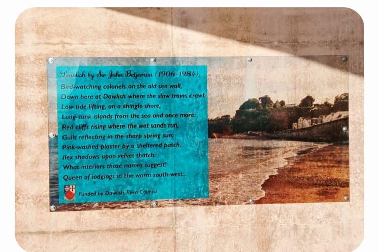 The plaque of the poem Dawlish by Sir John Betjeman on the wall at Dawlish viaduct. Photo Janet Davies