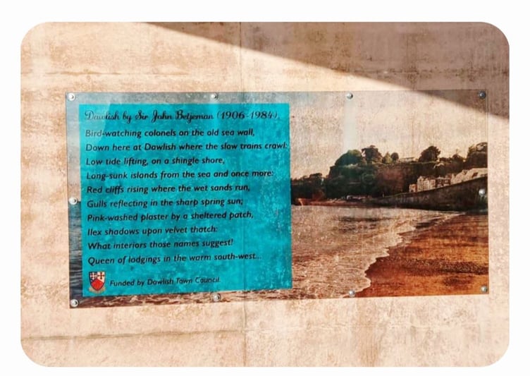 The plaque of the poem Dawlish by Sir John Betjeman on the wall at Dawlish viaduct. Photo Janet Davies