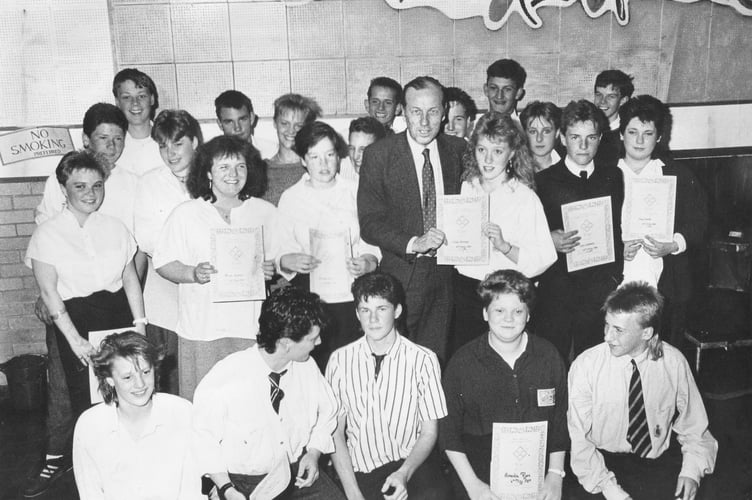 TSW presenter Laurie Quail presents the Federation School Awards at Newton Abbot Community Centre in May 1989