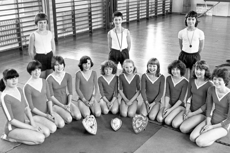 Award-winning gymnasts from Coombeshead School pose for the camera in February 1981