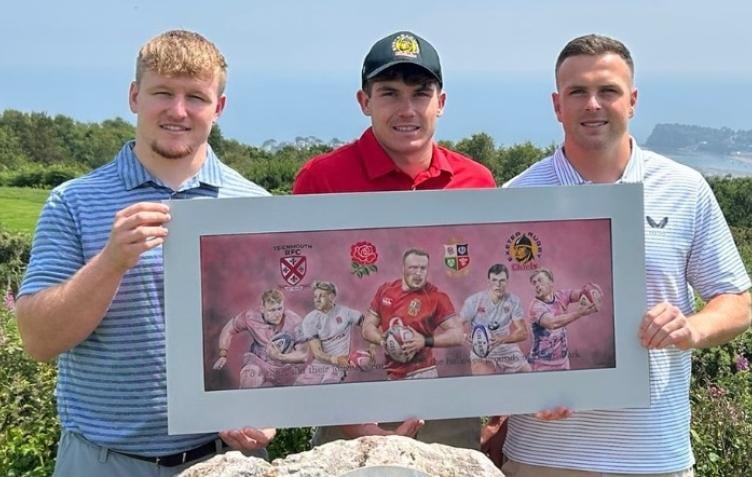 Teignmouth rugby greats, Max Norey, Ben Coen and Joe Simmonds MBE, with the 'Five Guys' painting