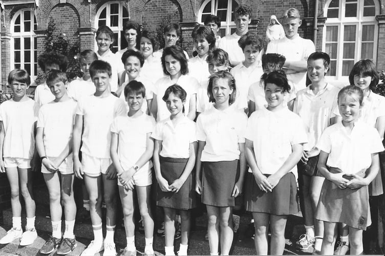 Young athletes from Trinity School in Teignmouth pose for the camera in May 1989