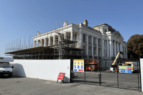 Oldway Mansion surrounded by scaffolding