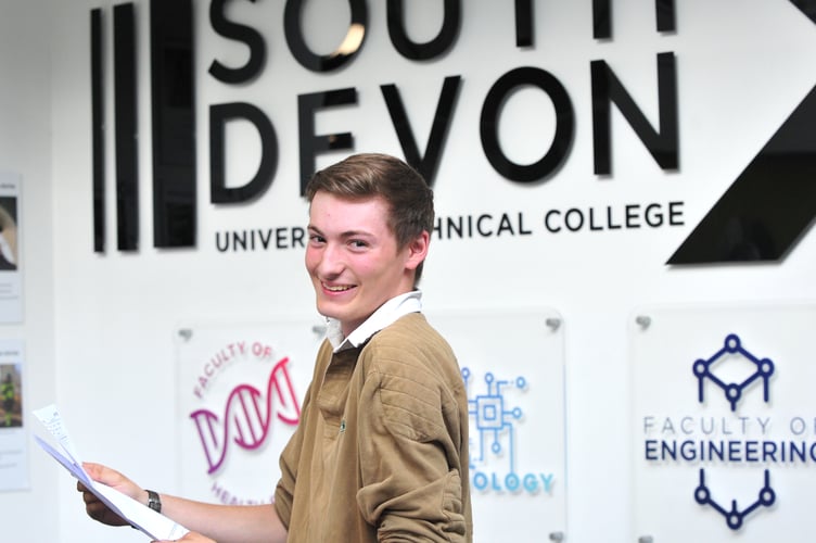 A Levels results day at South Devon University Technical College. Haddow Hales-Lavercombe evidently pleased with his Distinction D5 in BTEC Engineering. His plan now is to go on to an  engineering-based apprenticeship.