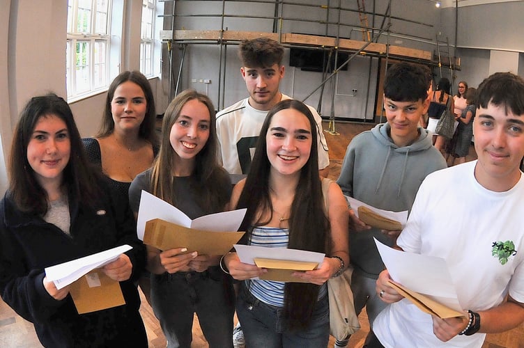 A Levels results day at Newton Abbot College. Class of '25 - some of the successful students happy with how the exams went