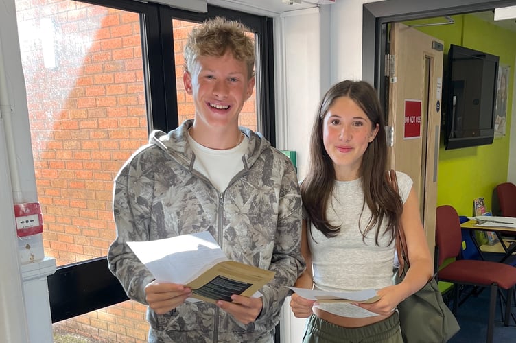 GCSE Levels results day at the Newton Abbot College.
High achievers Ben Knights and Willow Davies who between them racked up 18 GCSE passes. The pair will be staying on at the college to study A-Levels