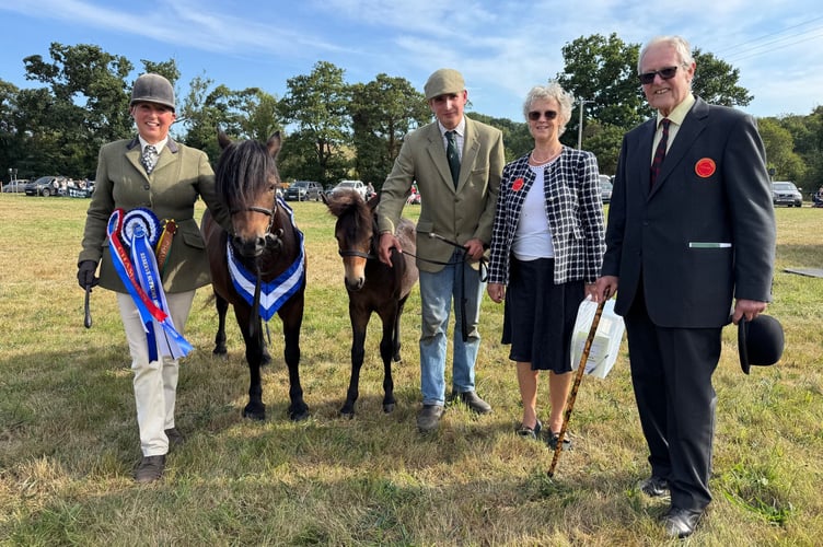 Reserve Champion was a Dartmoor mare, Moortown Honeymoon with foal, owned by John Jordan of Gidleigh. Left to right are Rebecca and Jack Jordan with judges Caroline Bailey and Richard Vice.  AQ 1132

