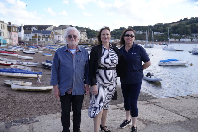 L-R Teignmouth Chamber of Trade chair and town councillor Keith Underhill, Devon and Cornwall Police and Crime Commissioner Alison Hernandez and Healthy Pet Shop owner Jo Gask.