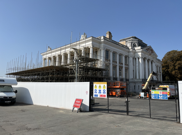 Oldway Mansion surrounded by scaffolding