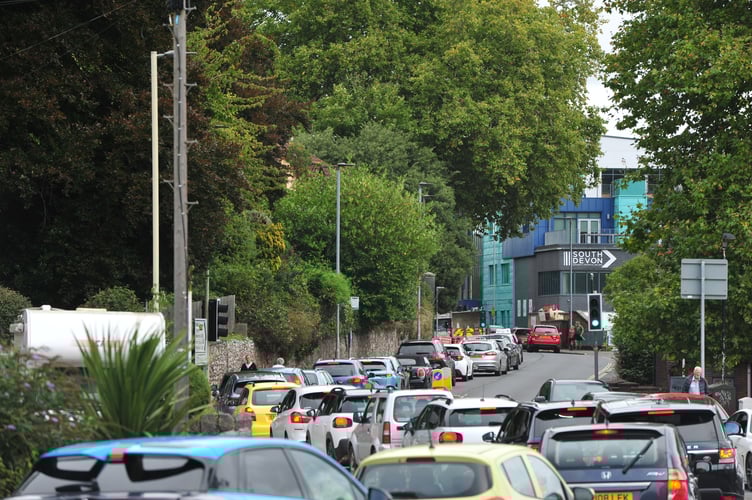 Misery mile time. Temporary traffic lights causing delays on KIngsteigton Road in Newton Abbot on the approach to Balls Corner.
