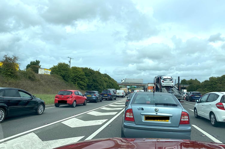 Four lanes of traffic going nowhere fast on the A38 at Splatford Split this afternoon