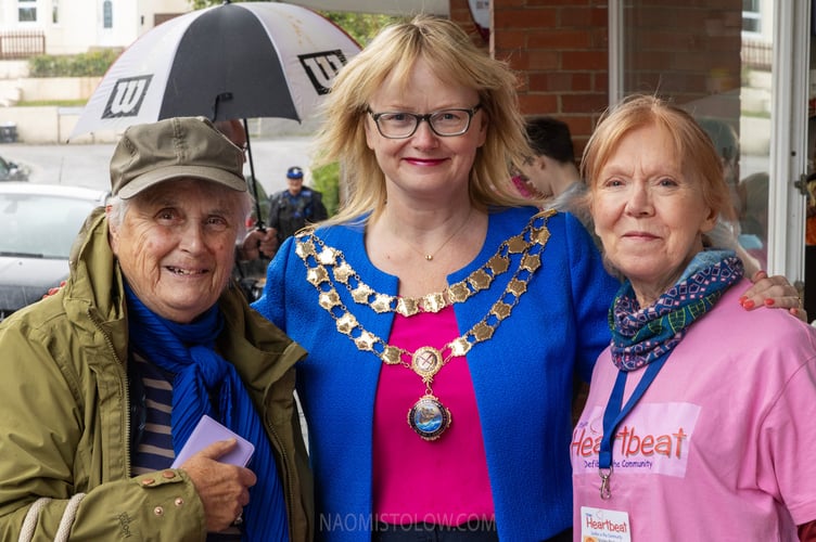 L-R Viv Wilson MBE, Teignmouth mayor councillor Cate Williams and Teign Heartbeat founder and chair Shirley Brokenshaw