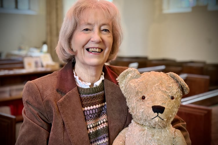 Linda Carew with 76 year old teddy at St Michael's Church Ilsington 