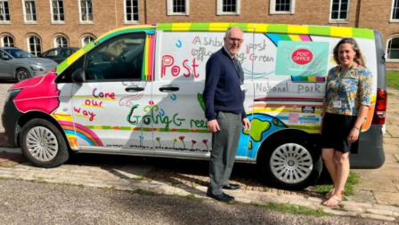 Councillor Cottle-Hunkin (right) and Cllr Rogers (left) standing in front of Cllr Rogers' mobile post office van, parked at County Hall, Exeter