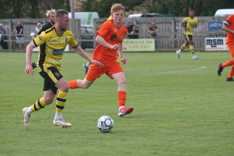 Buckland Athletic winger Luke Forward on the ball vs Wellington