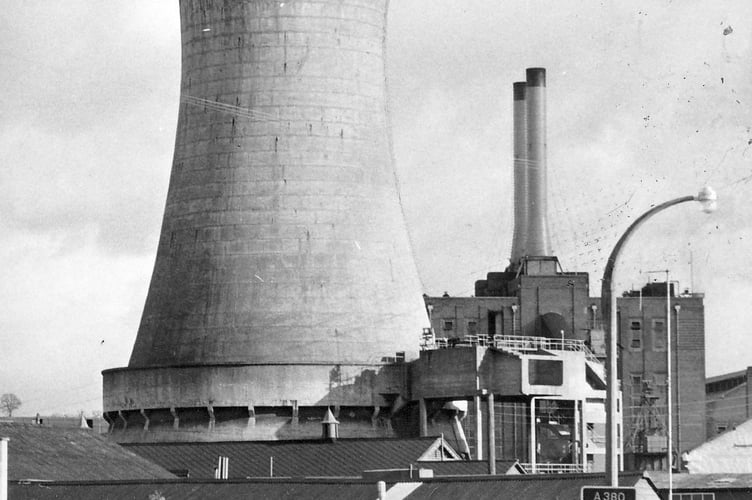 Newton Abbot power station's cooling tower in January 1970. It remained a dominant feature of the town's skyline until demolished in October 1974
