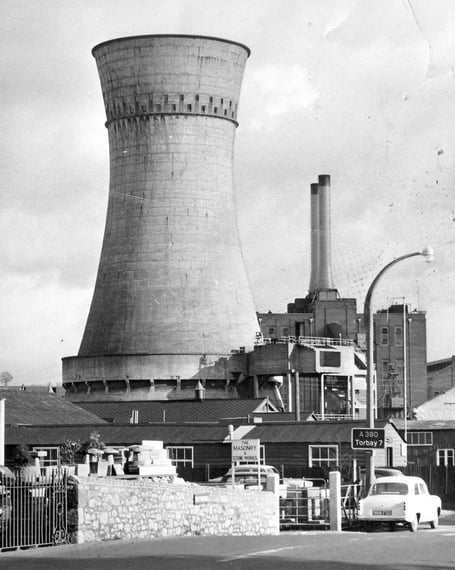 Newton Abbot power station's cooling tower in January 1970. It remained a dominant feature of the town's skyline until demolished in October 1974