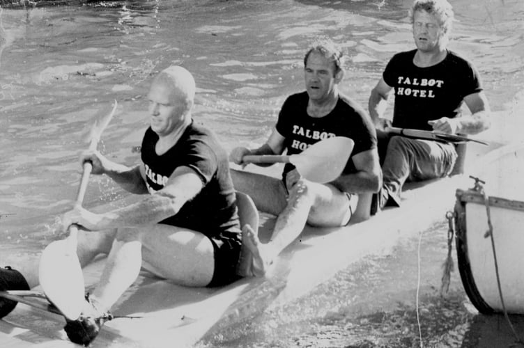 Terry Reed, Albert Halfyard and Tony Reed were the winners of the Teignmouth Fiesta raft race in September 1987 and are pictured here crossing the finish line at Fish Quay