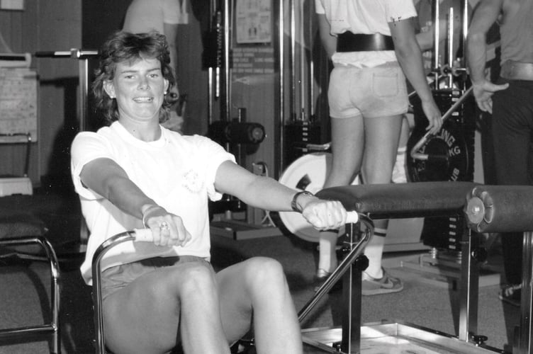 Gillian Hutcheson, an instructor at Ashburton Health Studio, demonstrates the correct way to use a rowing machine in September 1987