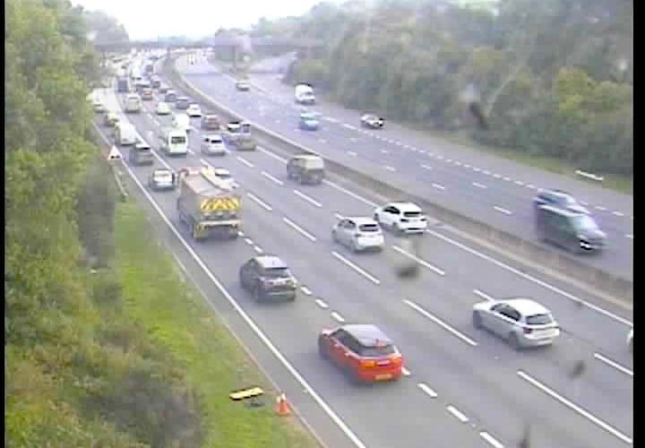 The traffic queue for the M5 starts at Wobbly Wheel at Kennford 