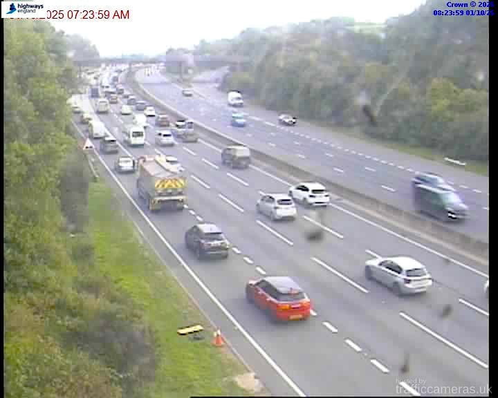 The traffic queue for the M5 starts at Wobbly Wheel at Kennford
