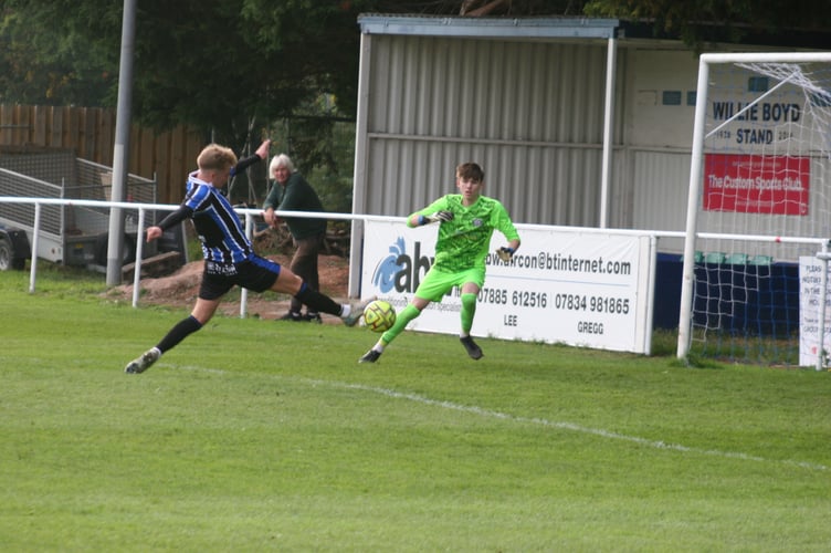 Kai Swann is agonizingly close to scoring for Newton Abbot Spurs