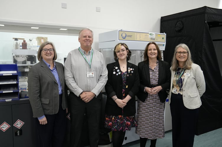 Alison Hernandez meets Forensic Programme team at Plymouth Marjon University. (left-right) Deputy vice-chancellor Professor Michelle Jones, Dave Moore, programme lead for the Forensic Programme, lecturer Hebe Unwin, Police and Crime Commissioner Alison Hernandez and vice-chancellor Professor Claire Taylor