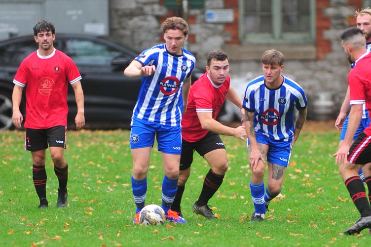 South Devon Football League Premier Division. Match action from Newton '66 versus East Allington United. Eight goals in total at Osborne Park with '66 coming on top as winners with a final score of 5-3.