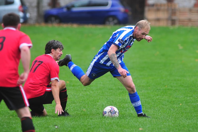 South Devon Football League Premier Division. Match action from Newton '66 versus East Allington United. Eight goals in total at Osborne Park with '66 coming on top as winners with a final score of 5-3.
