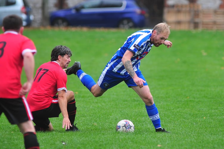 South Devon Football League Premier Division. Match action from Newton '66 versus East Allington United. Eight goals in total at Osborne Park with '66 coming on top as winners with a final score of 5-3.