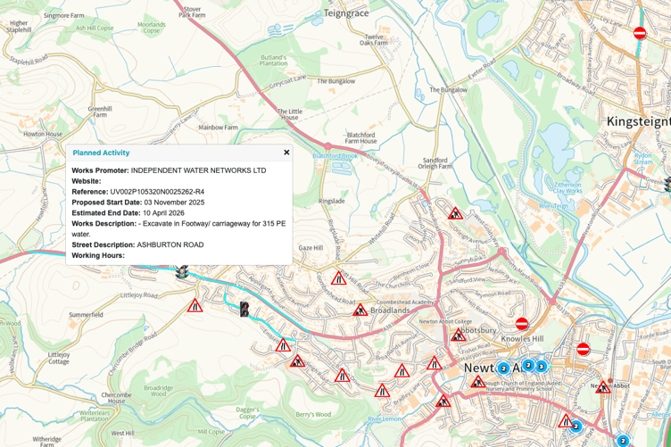 Devon County Council's interactive roadworks map shows the upcoming work to the A383