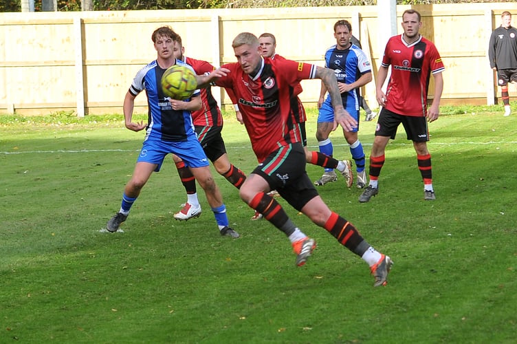 South West Peninsula League Premier East. Match action from Bovey Tracey  versus Ilfracombe Town.  A 2-1 home win for the Moorlanders over their visitors from North Devon