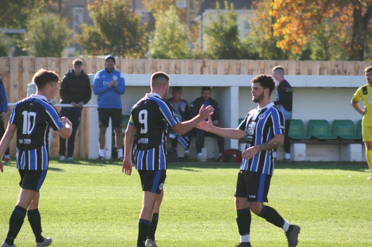 Toby Pullman celebrates his first goal against Bridport