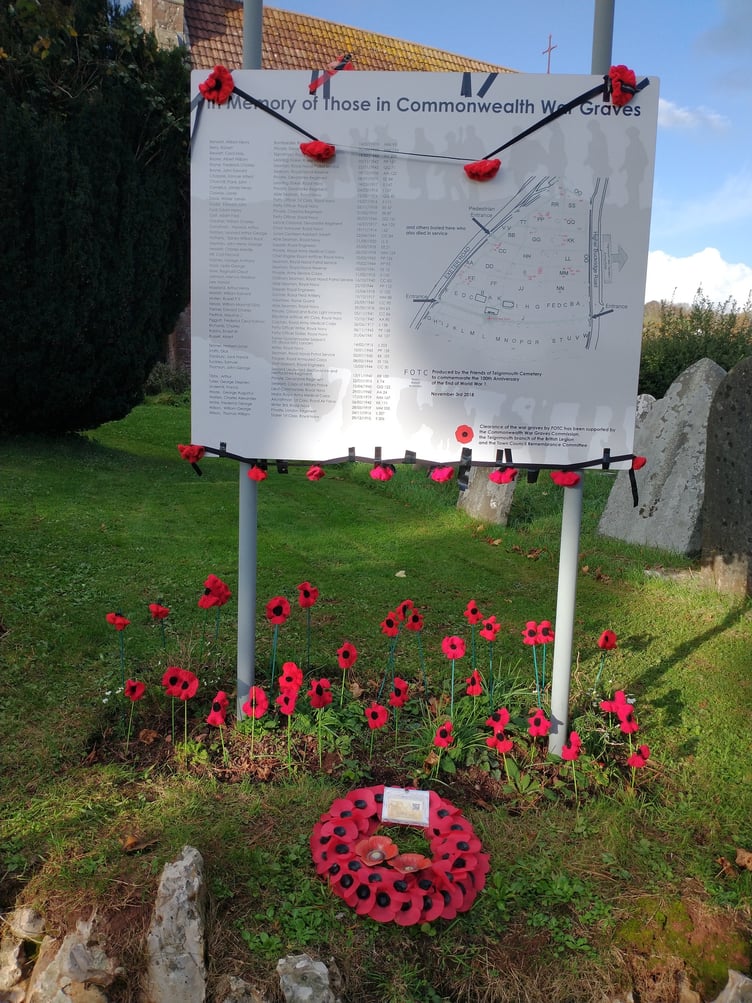 Volunteers with Friends of Teignmouth Cemetery mark Remembrance Day with a tribute of hand-crafted poppies.