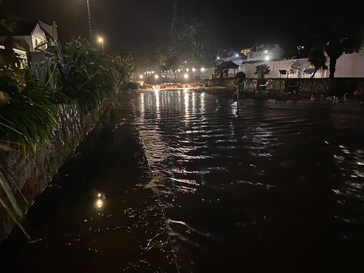Water levels on the Brook in Dawlish last night. Photo WADE