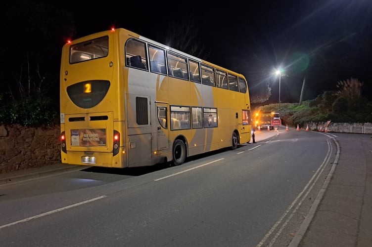 Number 2 Stagecoach bus stuck at road closure in Dawlish. Photo Thomas Mills