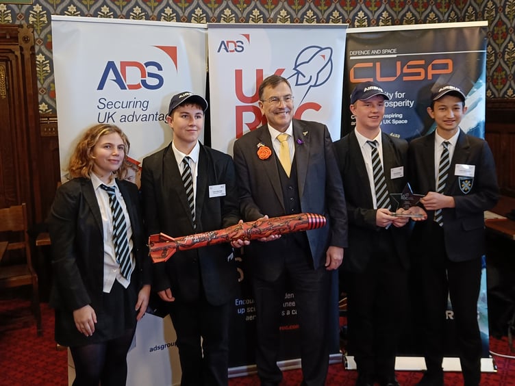 TCS rocket champs Team Star-Ling (Kaya Surman, Tom Porter, Keith Edwards and Sammy Porter) told MP Martin Wrigley about the importance of STEM projects on a visit to the Houses of Parliament earlier this week.