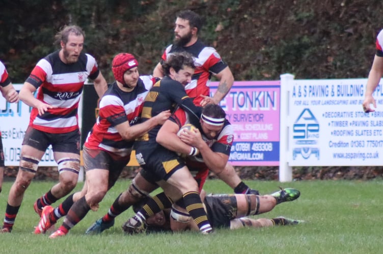 Rugby Crediton v Teignmouth Players of the Match Alex Ford and Jamie Gray making the hard yards (credit Lorna Gray)