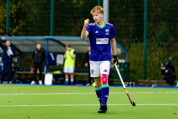 Ben Barnett, the Pallex Player of the Match celebrates his second goal of the game in the EHL win over Cardiff & Met.