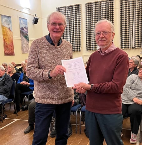 Nick Walter (right), Secretary of Kelly Mine Preservation Society, receiving the Heritage Award from Lustleigh Society President, Peter Mason (left) at its AGM. Photo supplied by Chris Wilson 
