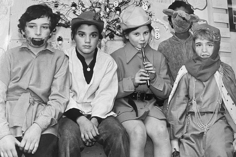 Lead characters from Blackpool Primary School's Christmas play called Hamlin Town in December 1984