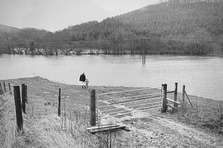 Water, water everywhere - at Newton Abbot's Holbeam Dam in January 1985