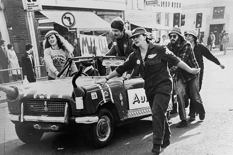 Rag week shenanigans  in Newton Abbot town centre from students of Seale Hayne Agricultural College in February 1980