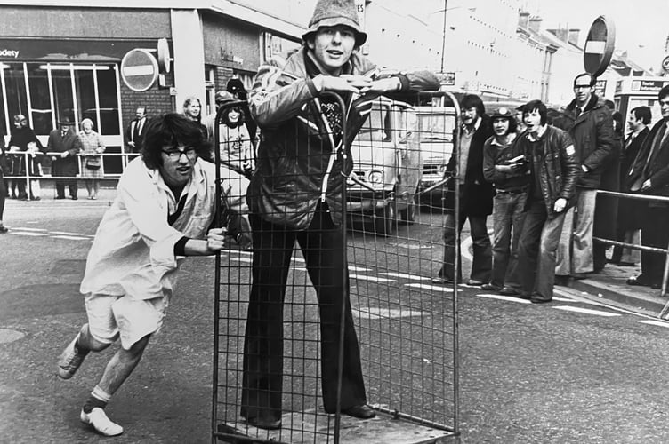 Rag week shenanigans  in Newton Abbot town centre from students of Seale Hayne Agricultural College in February 1980