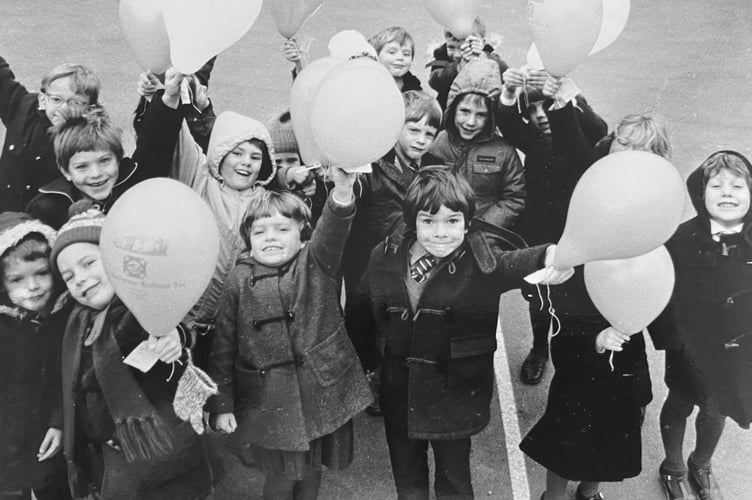 Pupils from Blackpool Primary School at the start of a sponsored balloon race in November 1985