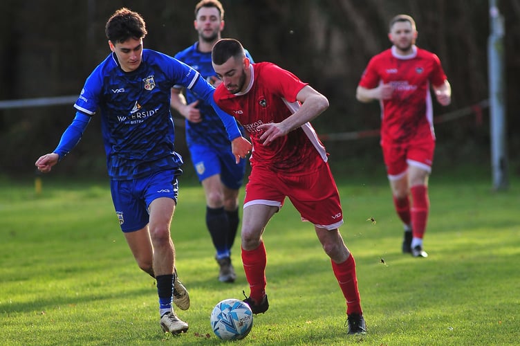 South Devon Football League Premier Division. Match action from Kingsteignton Athletic  versus Totnes & Dartington SC. A 2-1 home win for The Rams