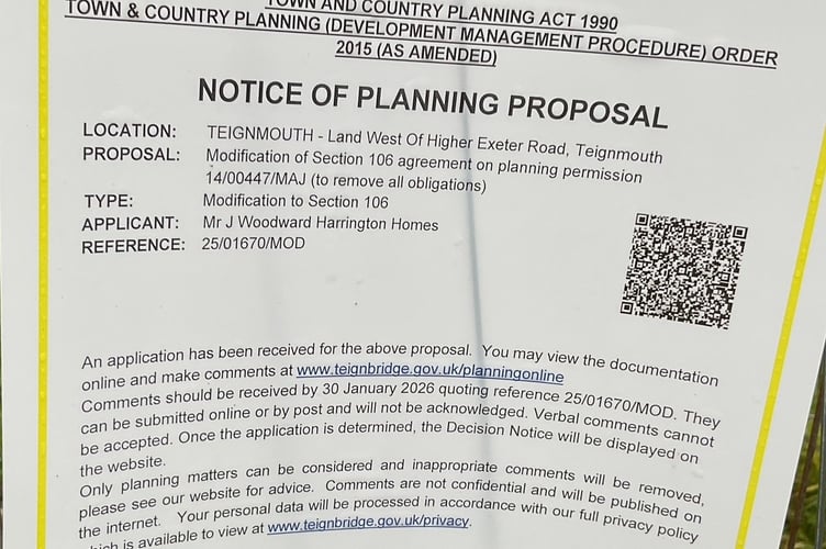Teignbridge has posted consultation notices regarding  Harrington Homes' request to remove Section 106 obligations for the Teignbrook development.