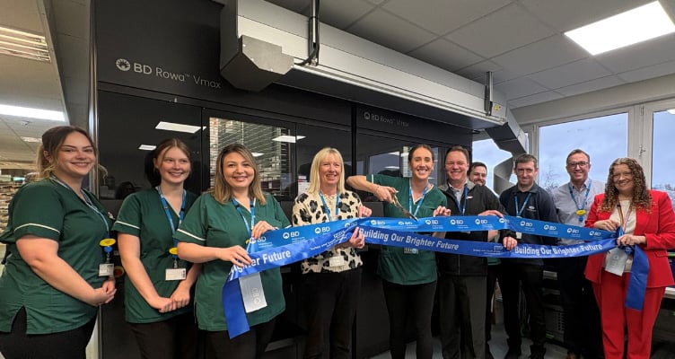 Staff welcome Spencer the Robot to Torbay and South Devon NHS Trust. 