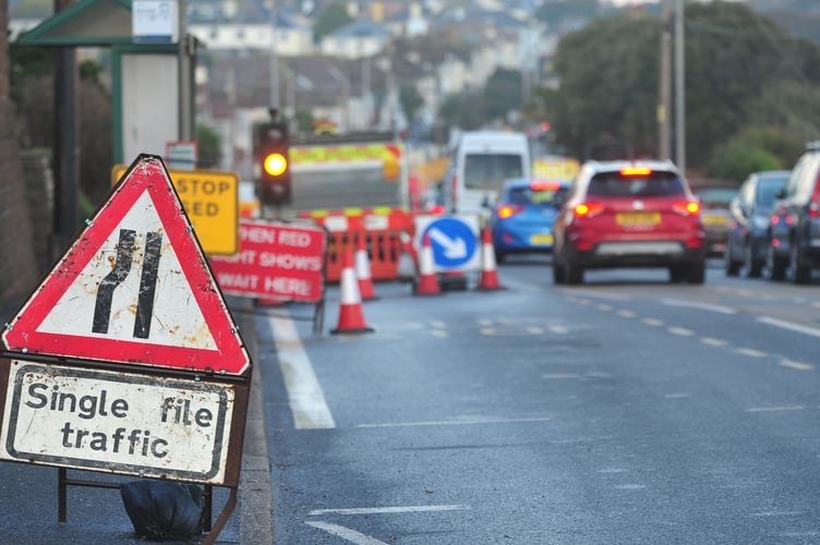Road to nowhere. Elm Grove Road to Dawlish is currently one way for South West Water works - the resulting diversion goes through temporary traffic lights for Wales and West Utilities works on the A379 Exeter Road